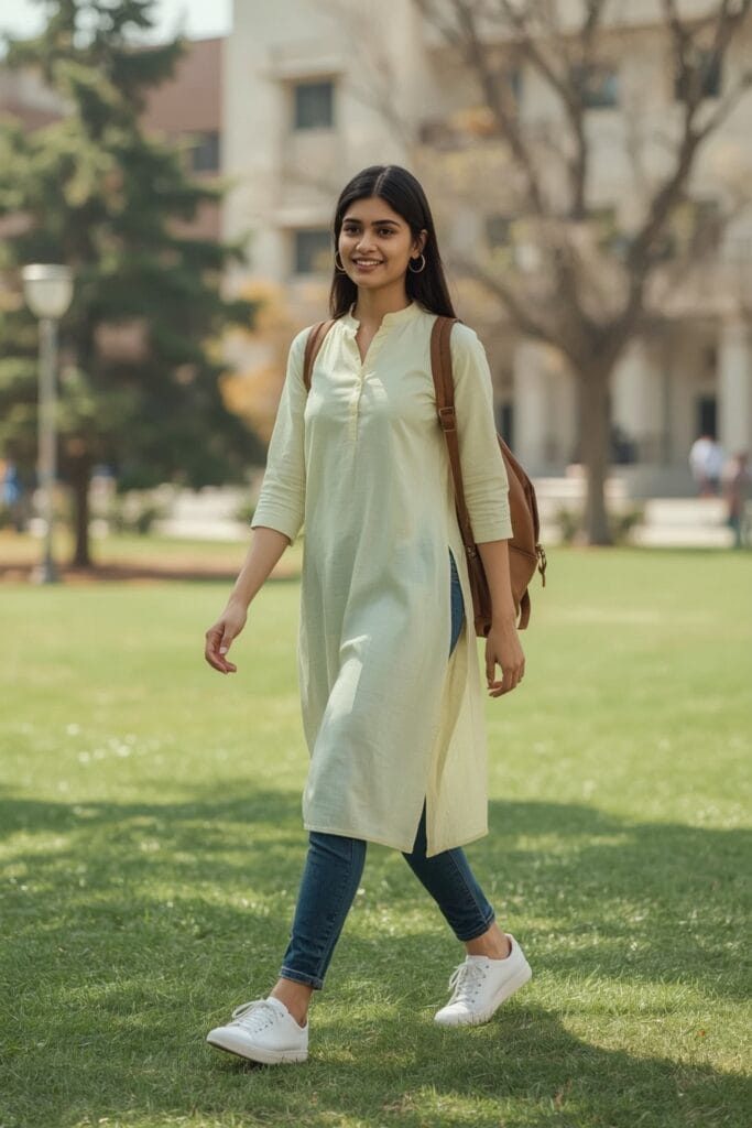 A young Indian woman in a light-yellow kurti paired with blue jeans and white sneakers for a casual college outfit.