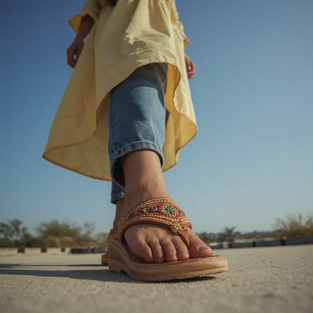 A low-angle shot emphasizing colorful handcrafted Kolhapuri chappals worn with a light-yellow kurti and cropped jeans.