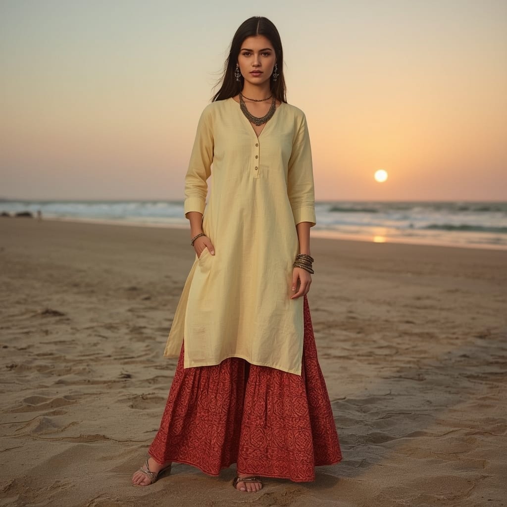 A woman in a bohemian style wearing a light-yellow kurti with a long, printed wrap skirt and ethnic silver jewelry.