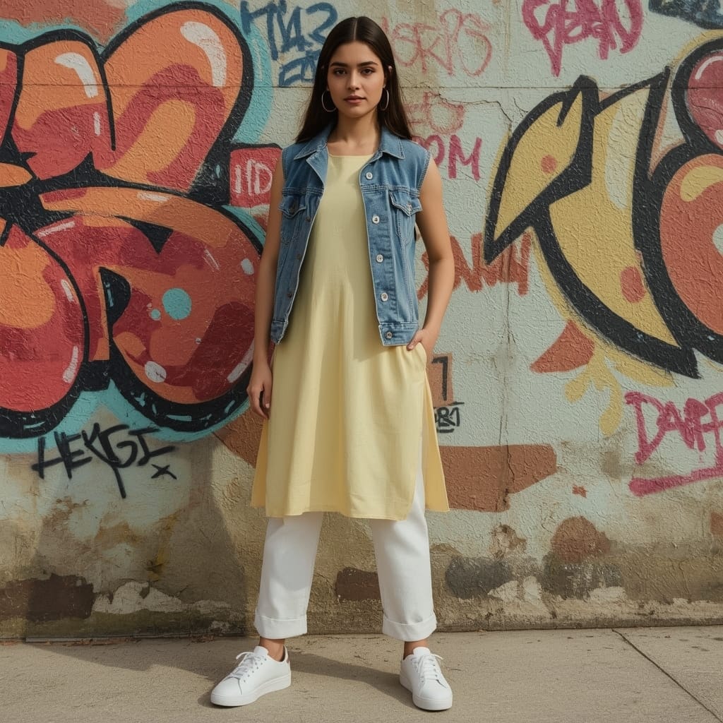 A young woman showcasing an Indo-western style with a light-yellow kurti layered under a blue denim jacket, paired with white pants.