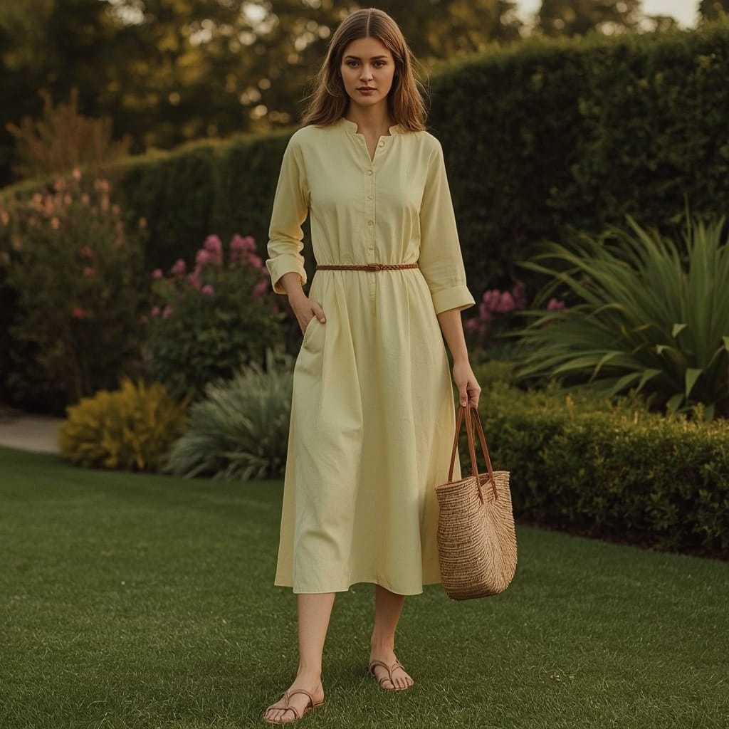A woman wearing a light-yellow Anarkali kurti as a dress, cinched at the waist with a tan belt.