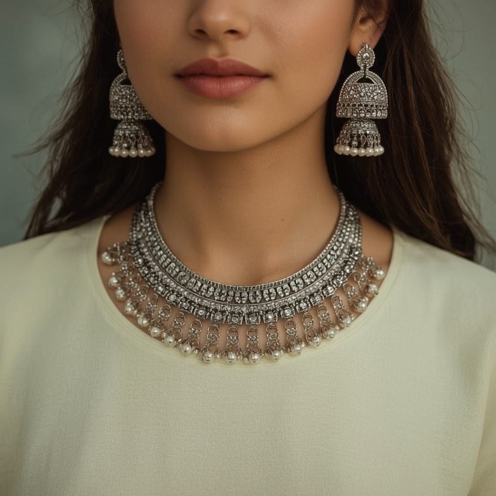 A detailed shot focusing on a statement silver necklace and jhumka earrings worn with a light-yellow kurti.