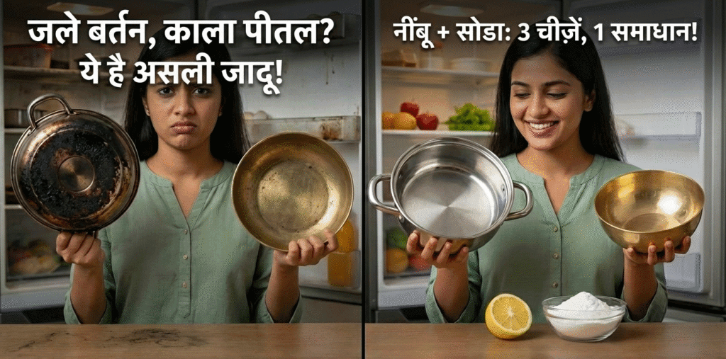 नींबू और बेकिंग सोडा की असली ताक़तः जले हुए बर्तन, तांबा-पीतल, और फ्रिज चमकाएँ